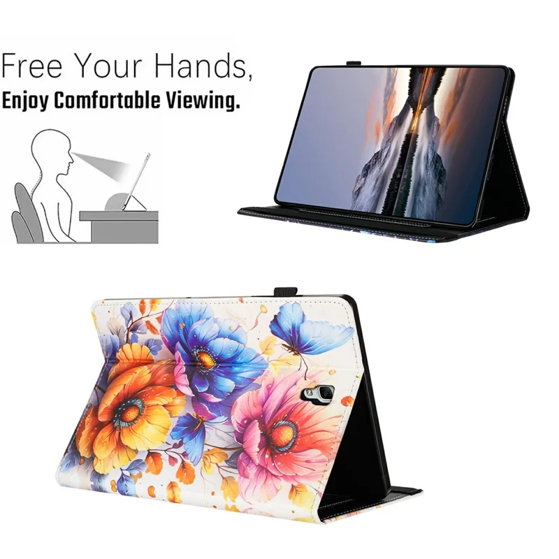 Custodia in Pelle con Grana di Litchi e Stampa per Samsung Galaxy Tab A 10.5 (2018) T590 T595, Copertura per Tablet con Porta Carte e Funzione di Accensione/Spegnimento Automatica - Fiore