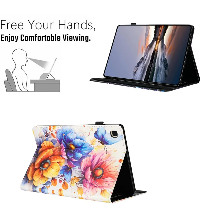 Litchi-struktur malet læderetui til Samsung Galaxy Tab A 10,1 (2019) T510 / T515 med kortoplager og automatisk tænd/sluk - Blomst
