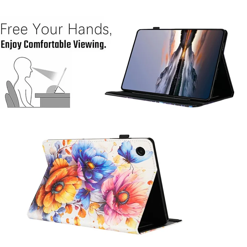 Etui z drukowaną skórą o fakturze litchi do Samsung Galaxy Tab A8 10,5 cala (2021) X200 X205, pokrowiec z włożeniem na kartę i automatycznym wybudzaniem/snu - Kwiaty