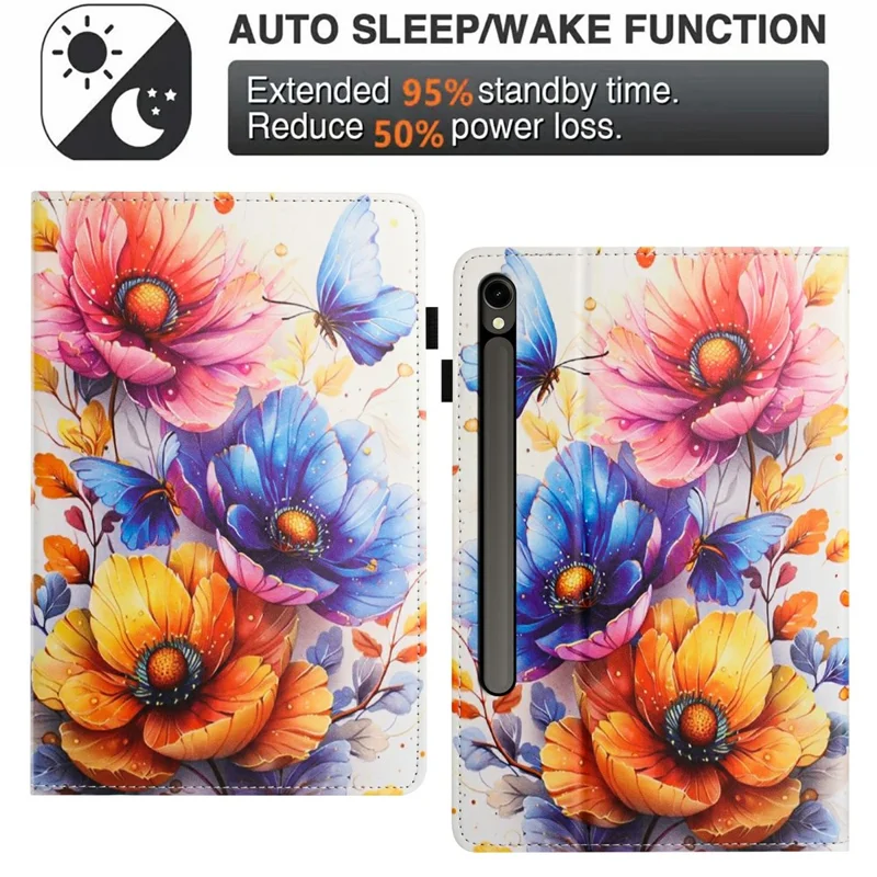 Кожаный чехол с рисунком и текстурой личи для планшета Samsung Galaxy Tab S9 / S9 FE / S10 FE / S10 Lite с кармашком для карт и функцией автоматического включения / выключения — цветок