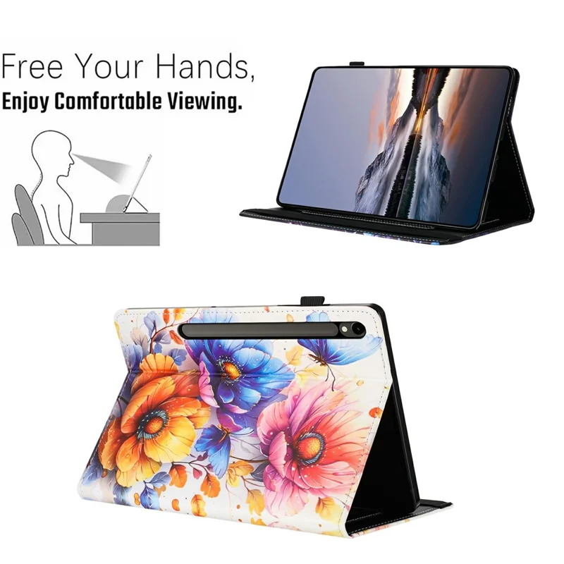 Кожаный чехол с рисунком и текстурой личи для планшета Samsung Galaxy Tab S9 / S9 FE / S10 FE / S10 Lite с кармашком для карт и функцией автоматического включения / выключения — цветок