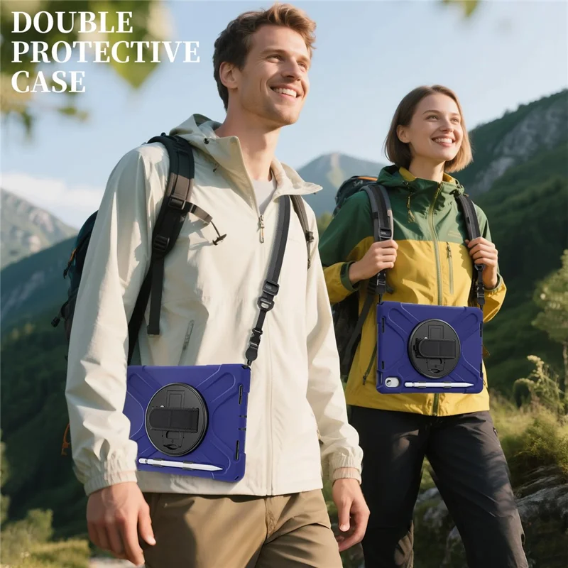 Étui pour iPad (2025) / 10,9 (2022) avec dragonne, support, housse tablette TPU PC silicone avec sangle d'épaule / emplacement stylet - Bleu marine