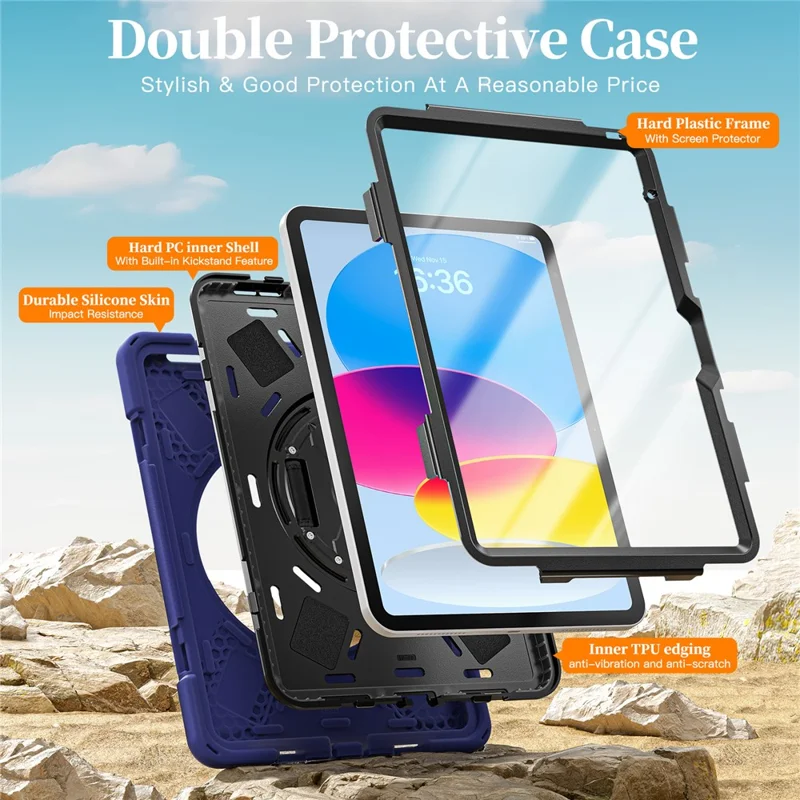 Étui pour iPad (2025) / 10,9 (2022) avec dragonne, support, housse tablette TPU PC silicone avec sangle d'épaule / emplacement stylet - Bleu marine