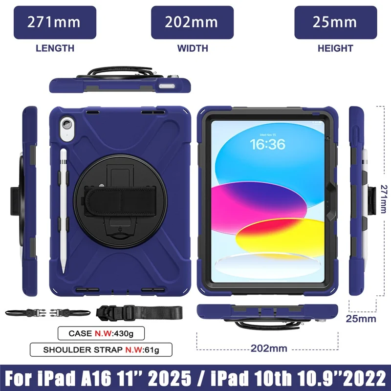 Étui pour iPad (2025) / 10,9 (2022) avec dragonne, support, housse tablette TPU PC silicone avec sangle d'épaule / emplacement stylet - Bleu marine