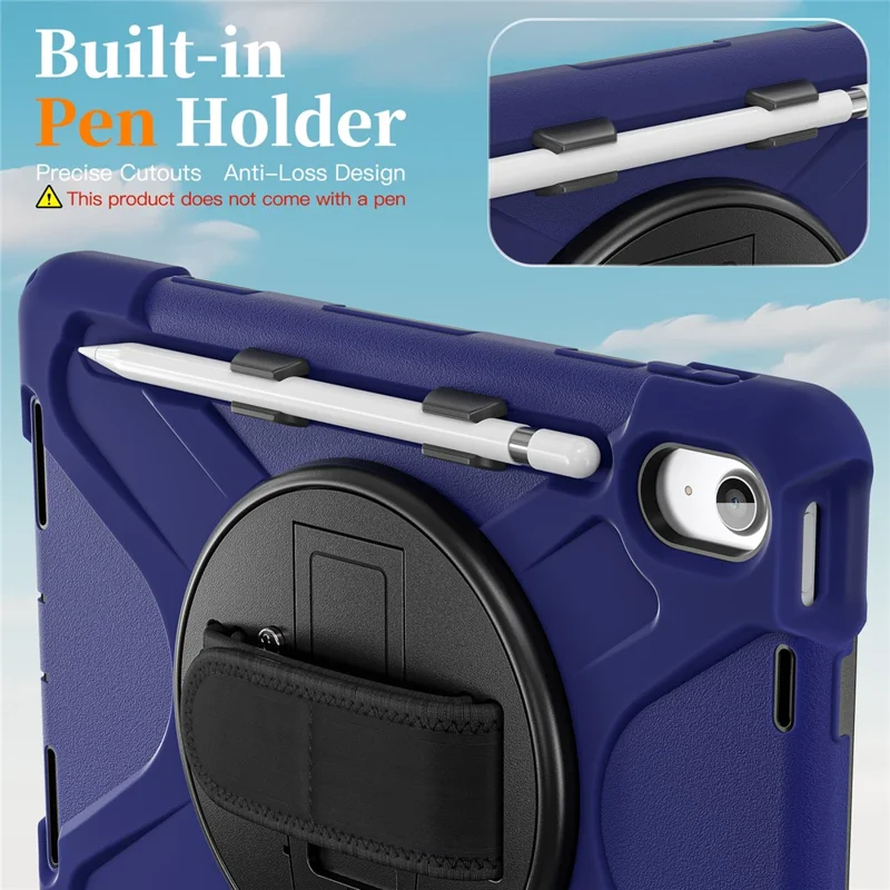 Étui pour iPad (2025) / 10,9 (2022) avec dragonne, support, housse tablette TPU PC silicone avec sangle d'épaule / emplacement stylet - Bleu marine