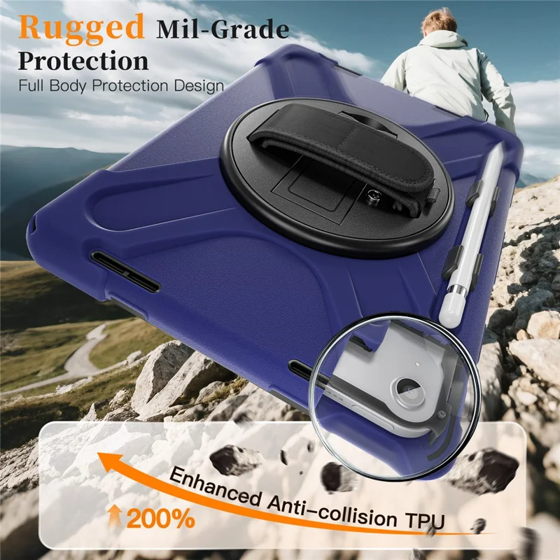 Étui pour iPad (2025) / 10,9 (2022) avec dragonne, support, housse tablette TPU PC silicone avec sangle d'épaule / emplacement stylet - Bleu marine