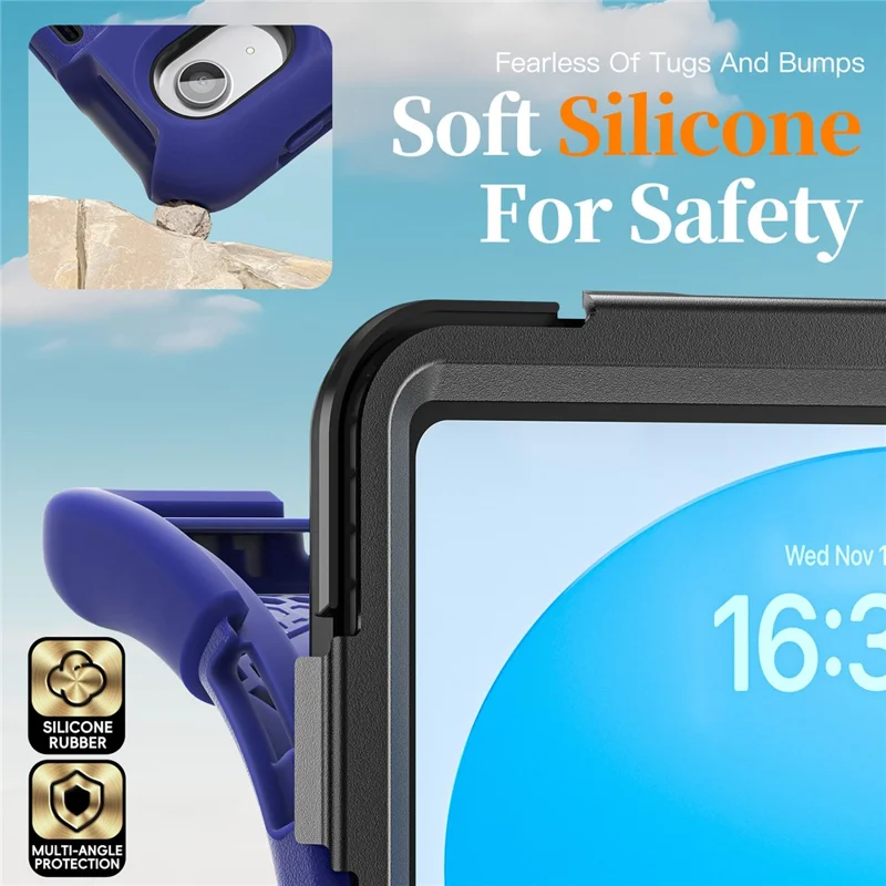 Étui pour iPad (2025) / 10,9 (2022) avec dragonne, support, housse tablette TPU PC silicone avec sangle d'épaule / emplacement stylet - Bleu marine