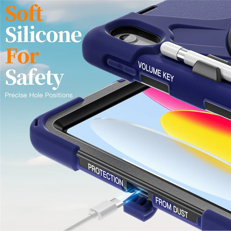 Étui pour iPad (2025) / 10,9 (2022) avec dragonne, support, housse tablette TPU PC silicone avec sangle d'épaule / emplacement stylet - Bleu marine