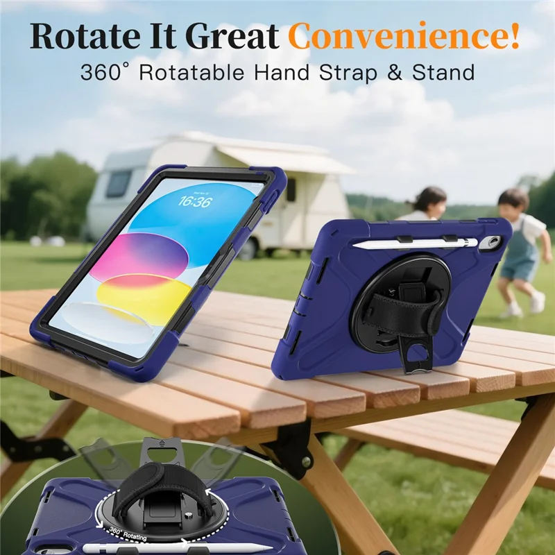 Étui pour iPad (2025) / 10,9 (2022) avec dragonne, support, housse tablette TPU PC silicone avec sangle d'épaule / emplacement stylet - Bleu marine