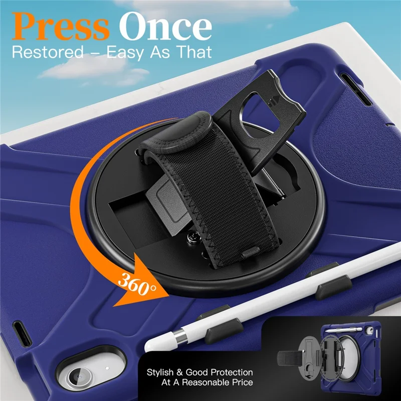 Étui pour iPad (2025) / 10,9 (2022) avec dragonne, support, housse tablette TPU PC silicone avec sangle d'épaule / emplacement stylet - Bleu marine