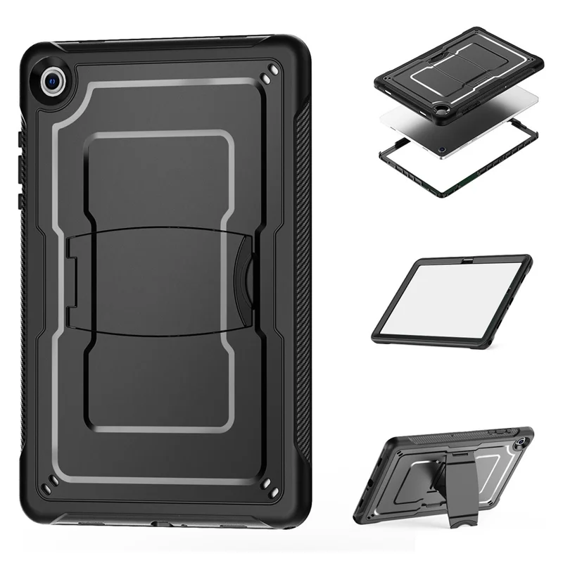 Funda para Samsung Galaxy Tab A11+ / A9+ con soporte oculto de aleación de zinc, carcasa para tableta de PC + TPE con correa para el hombro - Negro