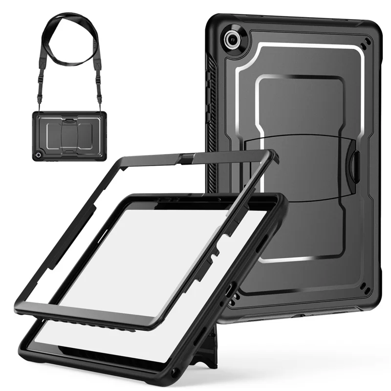 Funda para Samsung Galaxy Tab A11+ / A9+ con soporte oculto de aleación de zinc, carcasa para tableta de PC + TPE con correa para el hombro - Negro