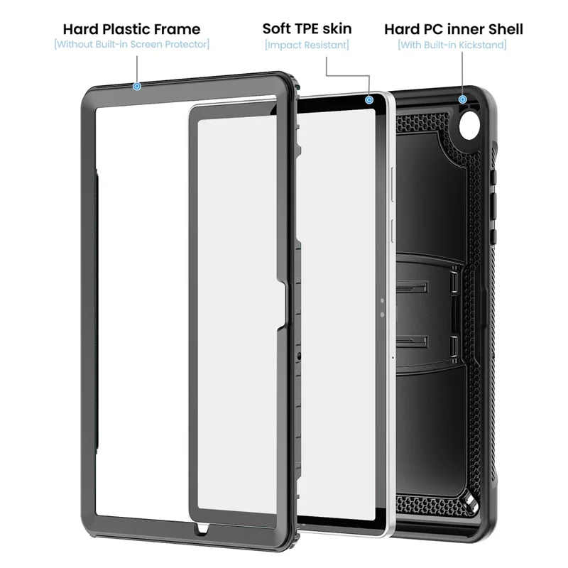 Funda para Samsung Galaxy Tab A11+ / A9+ con soporte oculto de aleación de zinc, carcasa para tableta de PC + TPE con correa para el hombro - Negro