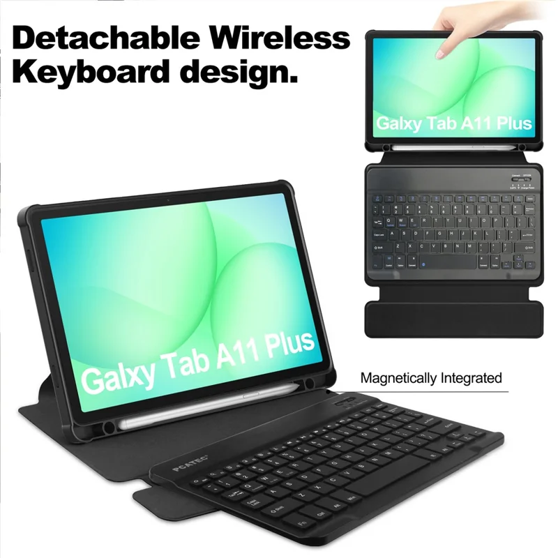 For Samsung Galaxy Tab A11+ Case 360° Rotary Stand PU Leather+Acrylic Tablet Cover (With Keyboard) - Black