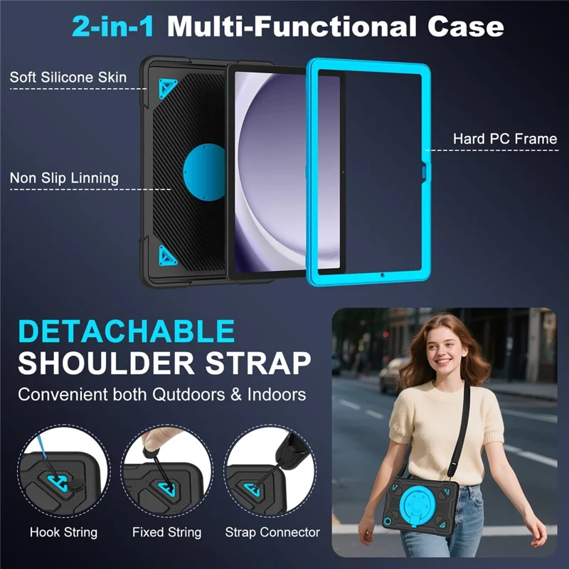 Tablet Case For Samsung Galaxy Tab A9+  /  Tab A11+ Kickstand Space Planet PC + Silicone Tablet Cover with Shoulder Strap - Black + Blue