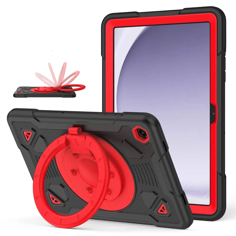 Funda para tableta Samsung Galaxy Tab A9+ / Tab A11+ con agarre de mano y soporte giratorio, diseño espacial de planetas, carcasa de PC y silicona - Negro + Rojo
