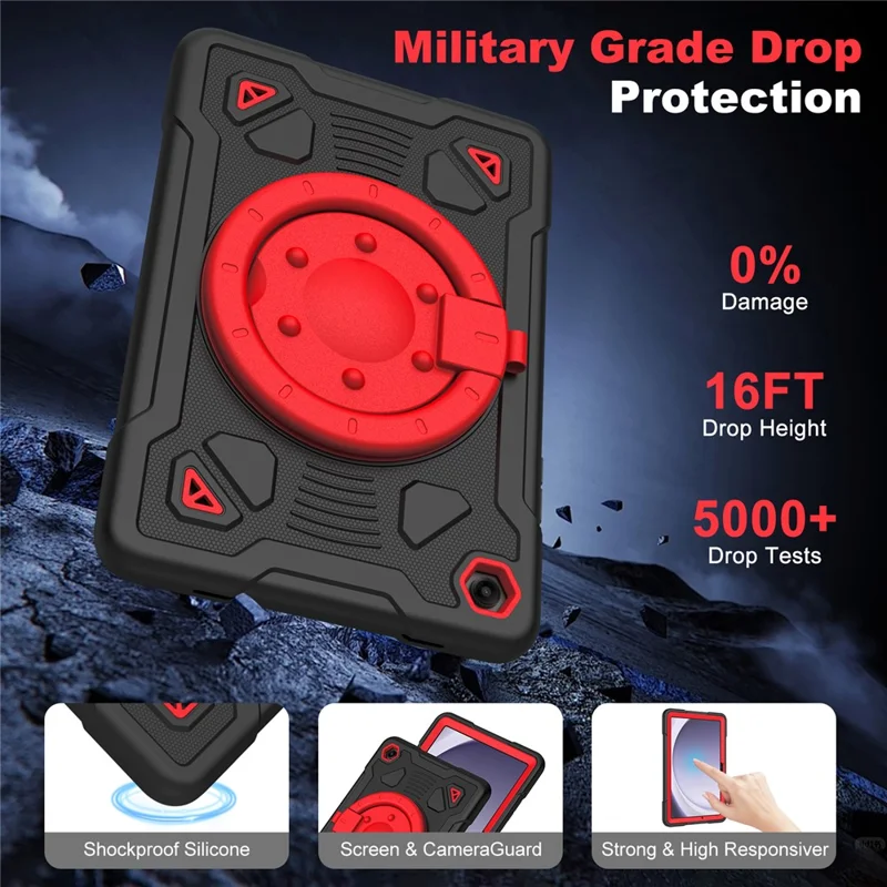 Funda para tableta Samsung Galaxy Tab A9+ / Tab A11+ con agarre de mano y soporte giratorio, diseño espacial de planetas, carcasa de PC y silicona - Negro + Rojo