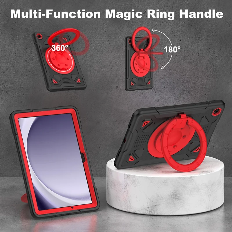 Funda para tableta Samsung Galaxy Tab A9+ / Tab A11+ con agarre de mano y soporte giratorio, diseño espacial de planetas, carcasa de PC y silicona - Negro + Rojo