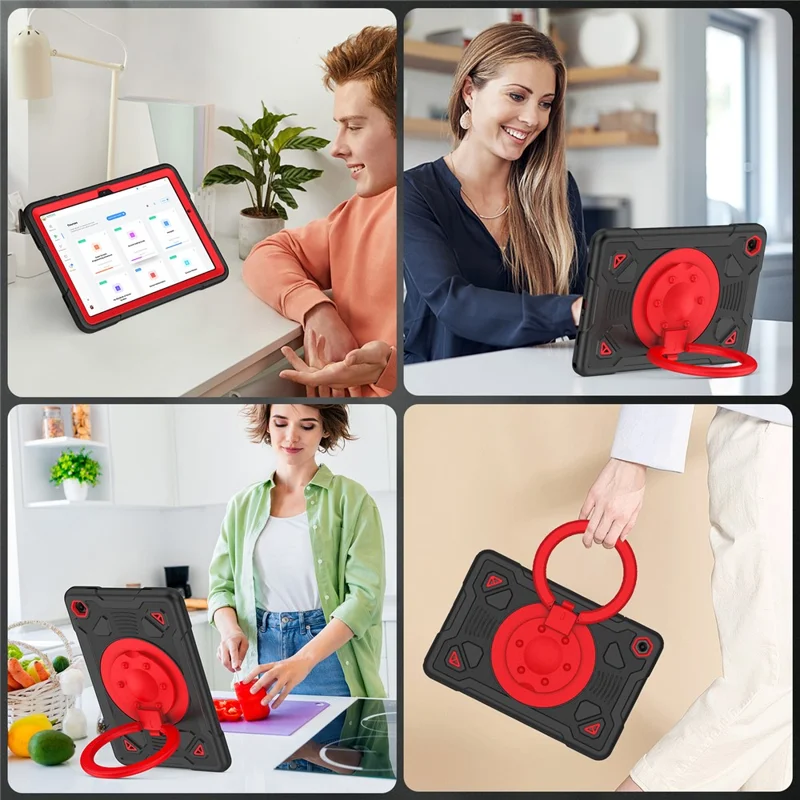 Funda para tableta Samsung Galaxy Tab A9+ / Tab A11+ con agarre de mano y soporte giratorio, diseño espacial de planetas, carcasa de PC y silicona - Negro + Rojo