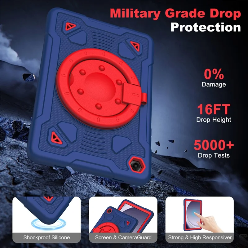 Tablet Case For Samsung Galaxy Tab A9+  /  Tab A11+ with Hand Grip Kickstand Space Planet PC + Silicone Tablet Cover - Navy Blue + Red