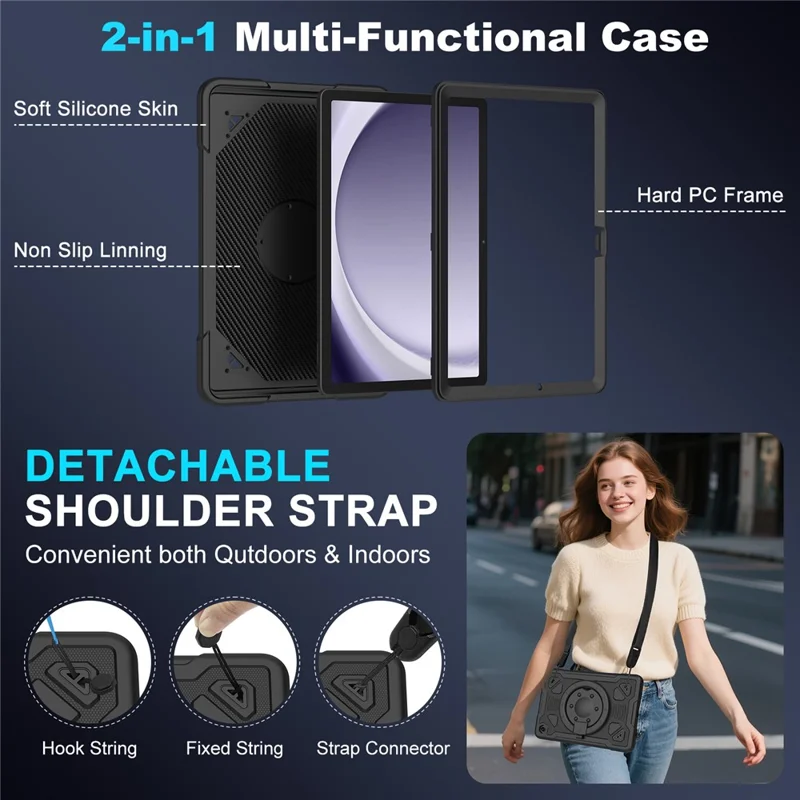 Tablet Case For Samsung Galaxy Tab A9  /  Tab A11 Kickstand Space Planet PC + Silicone Tablet Cover with Shoulder Strap - Black
