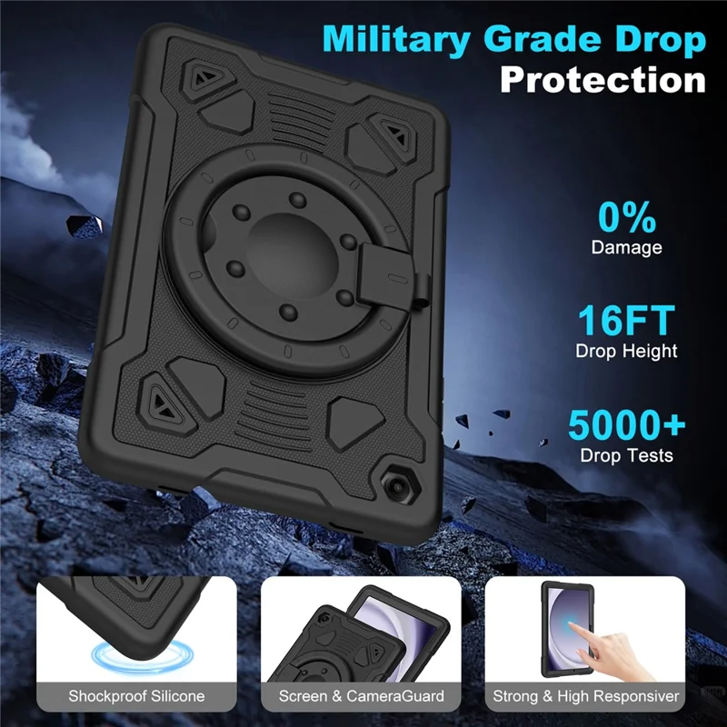 Tablet Case For Samsung Galaxy Tab A9  /  Tab A11 Kickstand Space Planet PC + Silicone Tablet Cover with Shoulder Strap - Black
