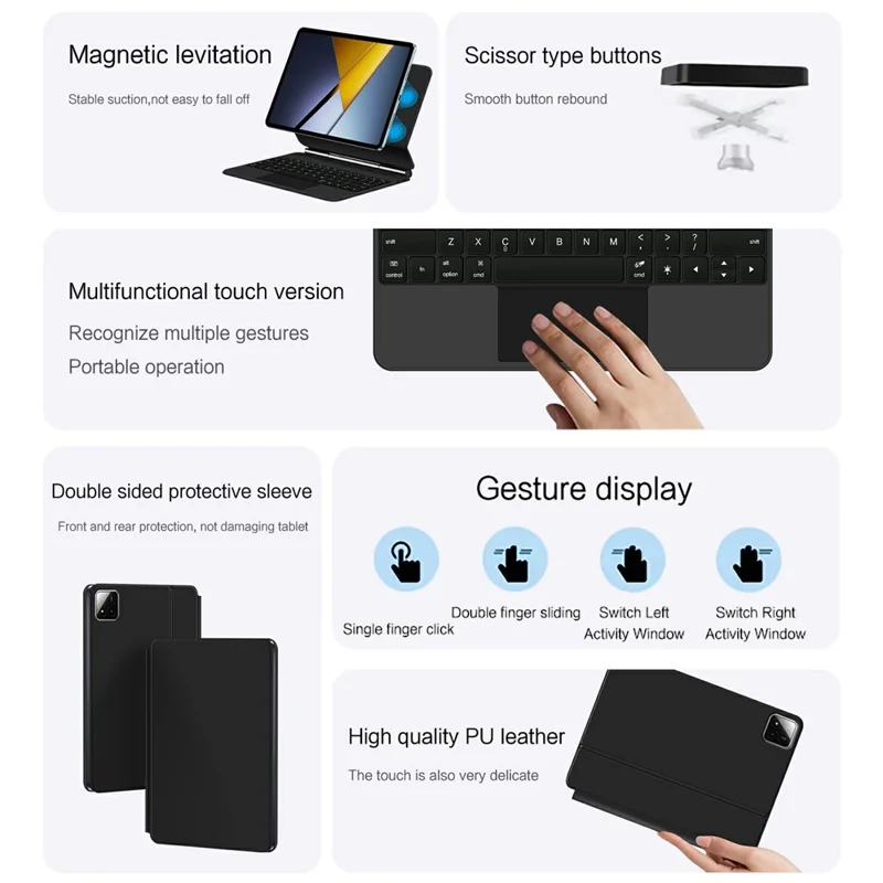 For Xiaomi Poco Pad X1 Magnetic Floating Bluetooth-compatible Keyboard + Leather Tablet Case - Black