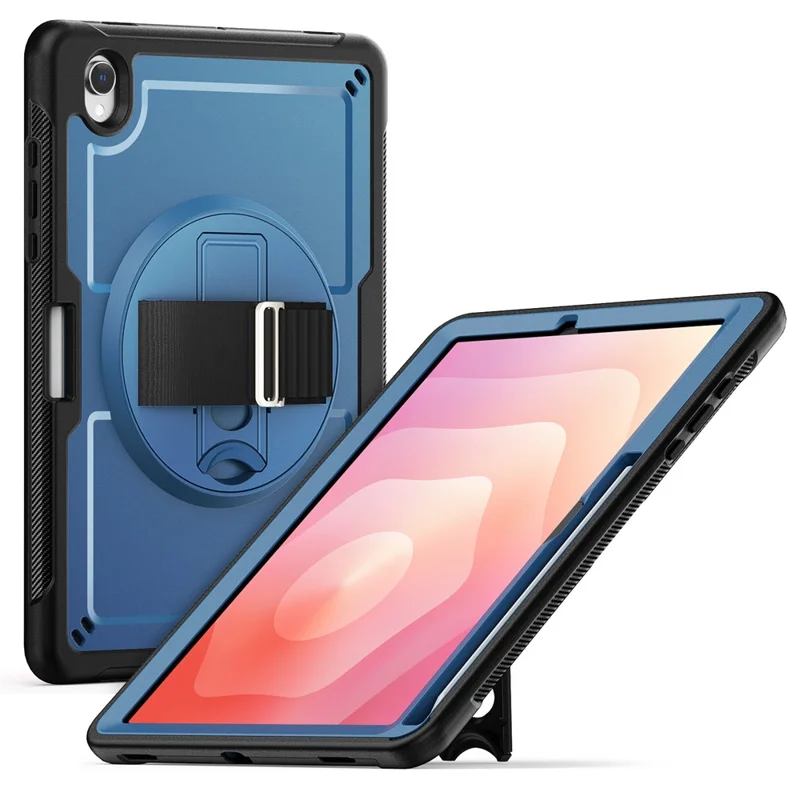 For Samsung Galaxy Tab S11 Case Hand Strap Kickstand PC + TPU Tablet Cover with Pencil Holder - Navy Blue