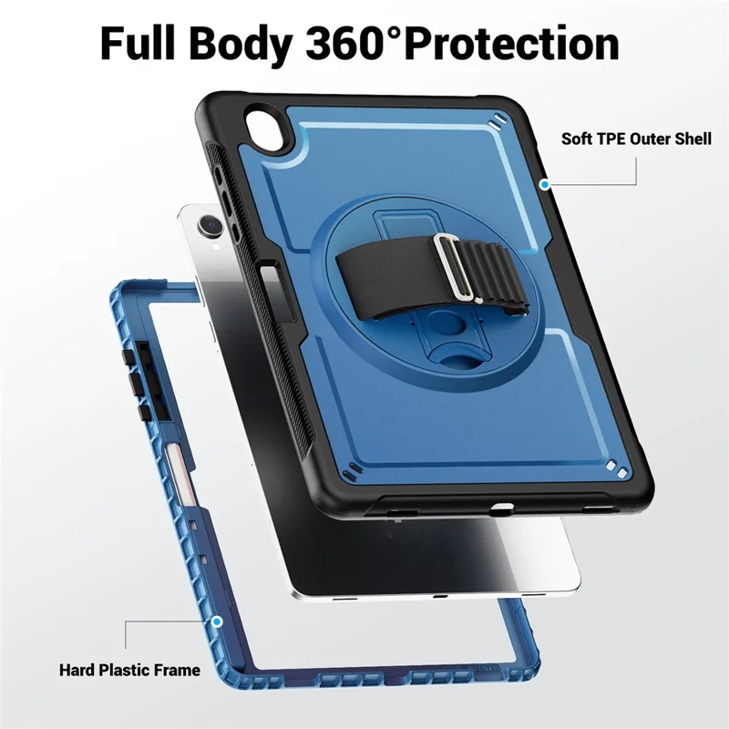 For Samsung Galaxy Tab S11 Case Hand Strap Kickstand PC + TPU Tablet Cover with Pencil Holder - Navy Blue