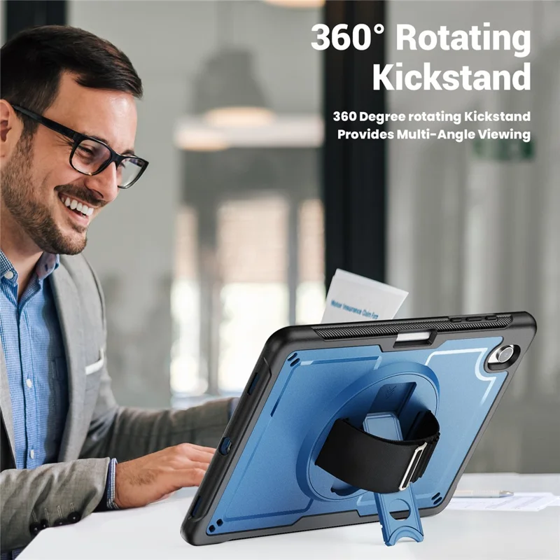 For Samsung Galaxy Tab S11 Case Hand Strap Kickstand PC + TPU Tablet Cover with Pencil Holder - Navy Blue