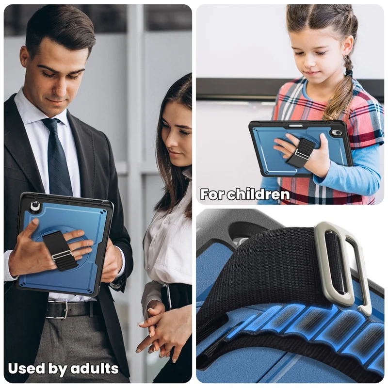 For Samsung Galaxy Tab S11 Case Hand Strap Kickstand PC + TPU Tablet Cover with Pencil Holder - Navy Blue