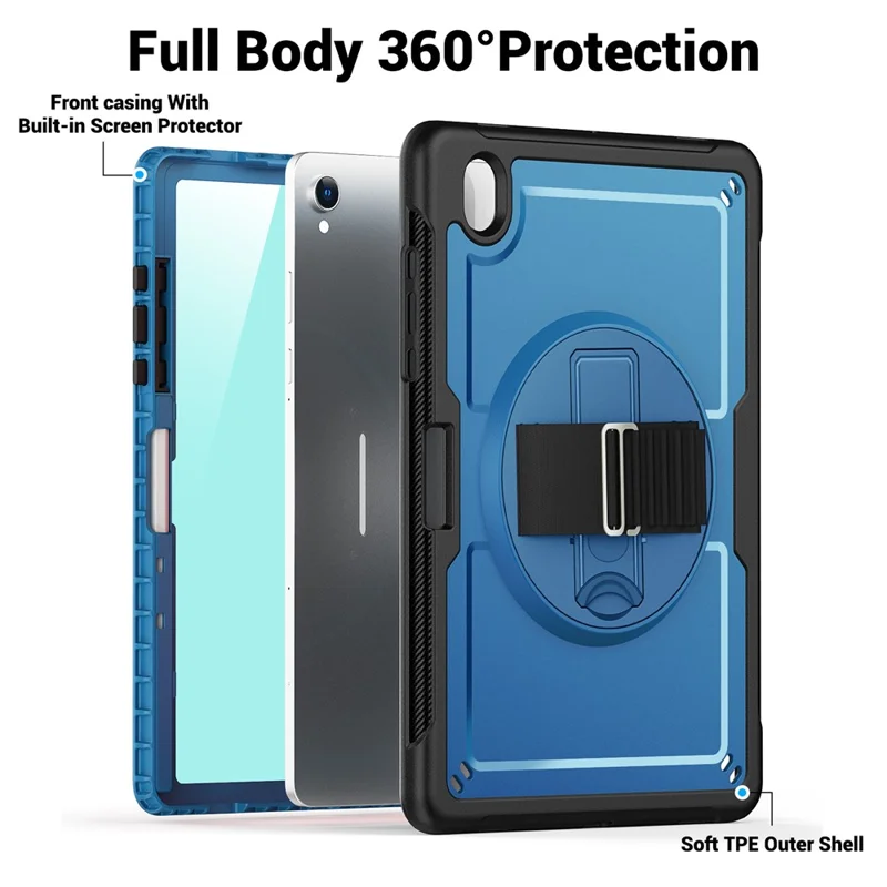 For Samsung Galaxy Tab S11 Case Hand Strap Kickstand PC + TPU Tablet Cover with Pencil Holder - Navy Blue