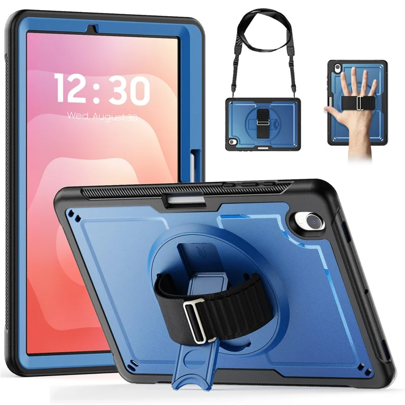 For Samsung Galaxy Tab S11 Case Hand Band Kickstand PC + TPU Tablet Cover with Shoulder Strap and Pencil Holder - Navy Blue
