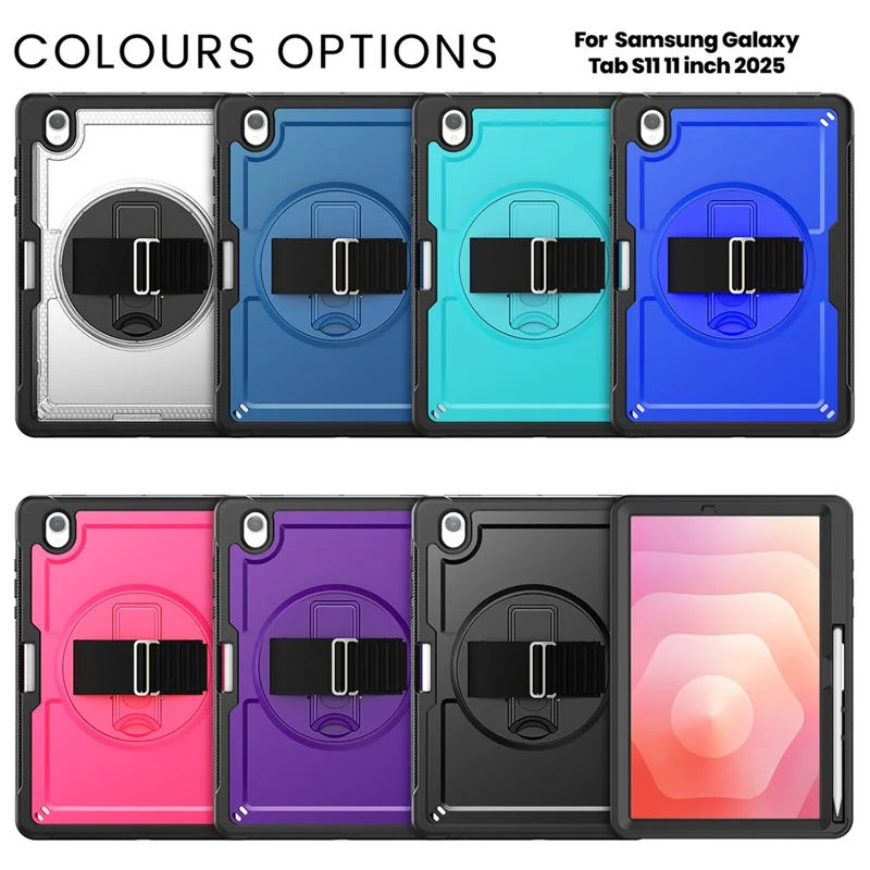 For Samsung Galaxy Tab S11 Case Hand Band Kickstand PC + TPU Tablet Cover with Shoulder Strap and Pencil Holder - Navy Blue