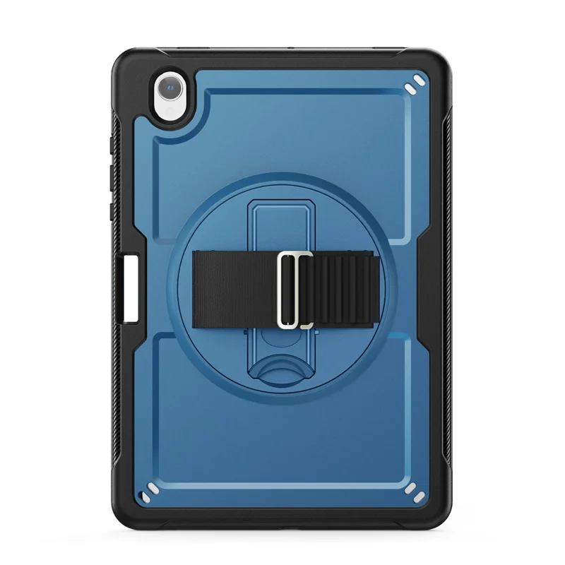 For Samsung Galaxy Tab S11 Case Hand Band Kickstand PC + TPU Tablet Cover with Shoulder Strap and Pencil Holder - Navy Blue