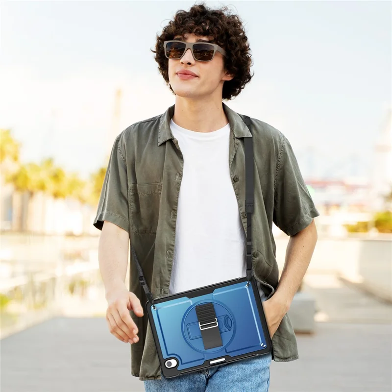 For Samsung Galaxy Tab S11 Case Hand Band Kickstand PC + TPU Tablet Cover with Shoulder Strap and Pencil Holder - Navy Blue