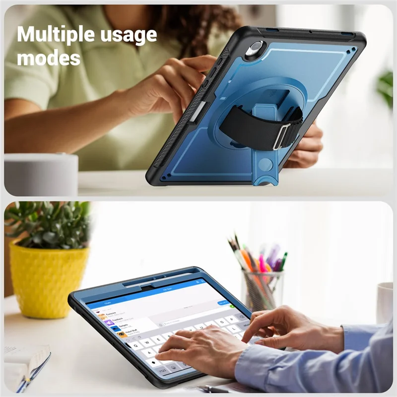 For Samsung Galaxy Tab S11 Case Hand Band Kickstand PC + TPU Tablet Cover with Shoulder Strap and Pencil Holder - Navy Blue