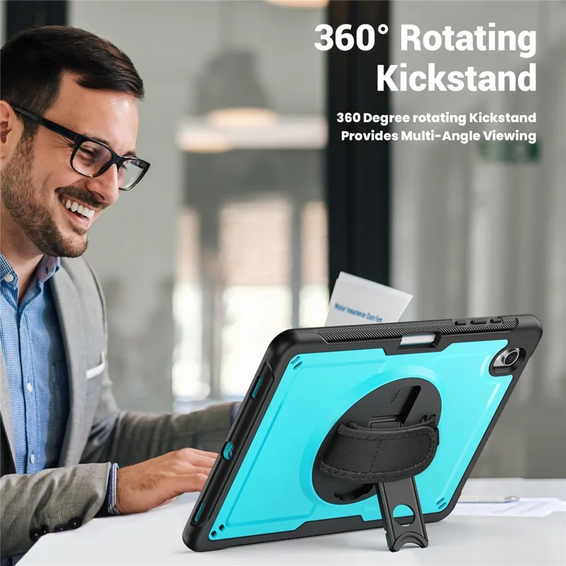 Чехол для планшета Samsung Galaxy Tab S11 с подставкой из поликарбоната и ТПУ с ручным ремешком — детский голубой