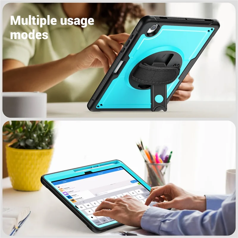 Чехол для планшета Samsung Galaxy Tab S11 с подставкой из поликарбоната и ТПУ с ручным ремешком — детский голубой