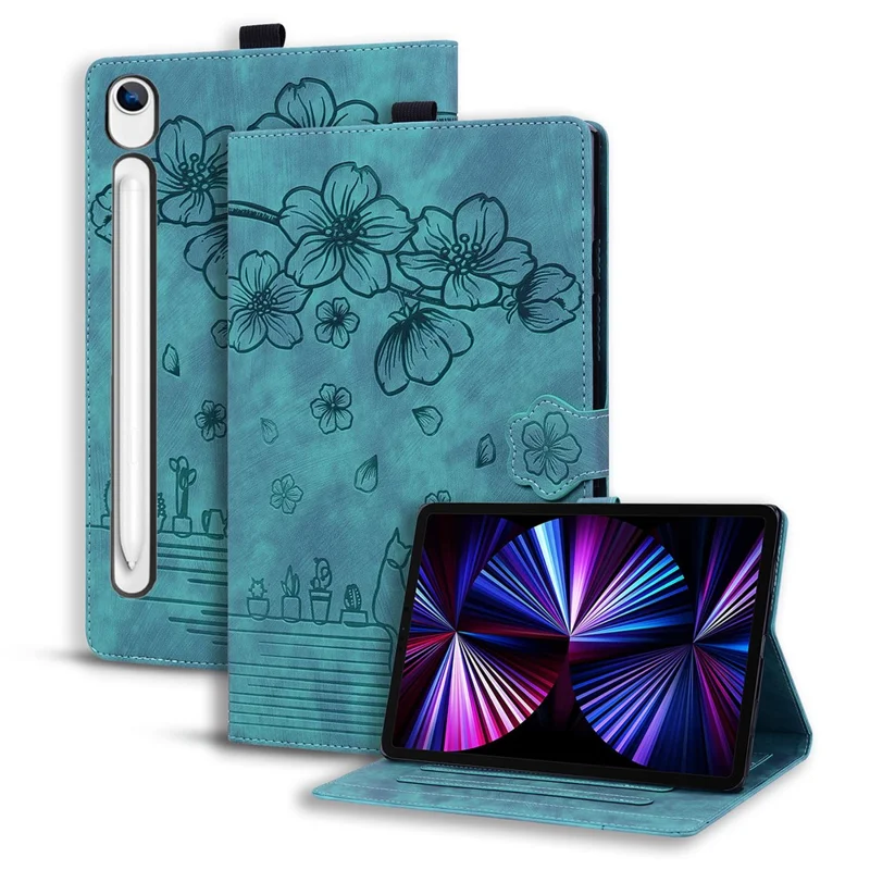 Tablet Case For Samsung Galaxy Tab S10 Lite  /  Tab S10 FE  /  Tab S9 FE Card Slots Leather Tablet Stand Folio Cover Flower Cat   - Green