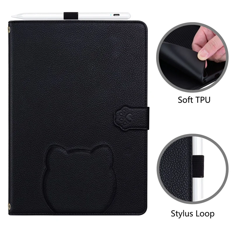 Tablet Case For Samsung Galaxy Tab S10 Lite  /  Tab S10 FE  /  Tab S9 FE Wallet Leather Stand Table Cover with Stylus Holder, 3D Effect Cat Pattern  - Black