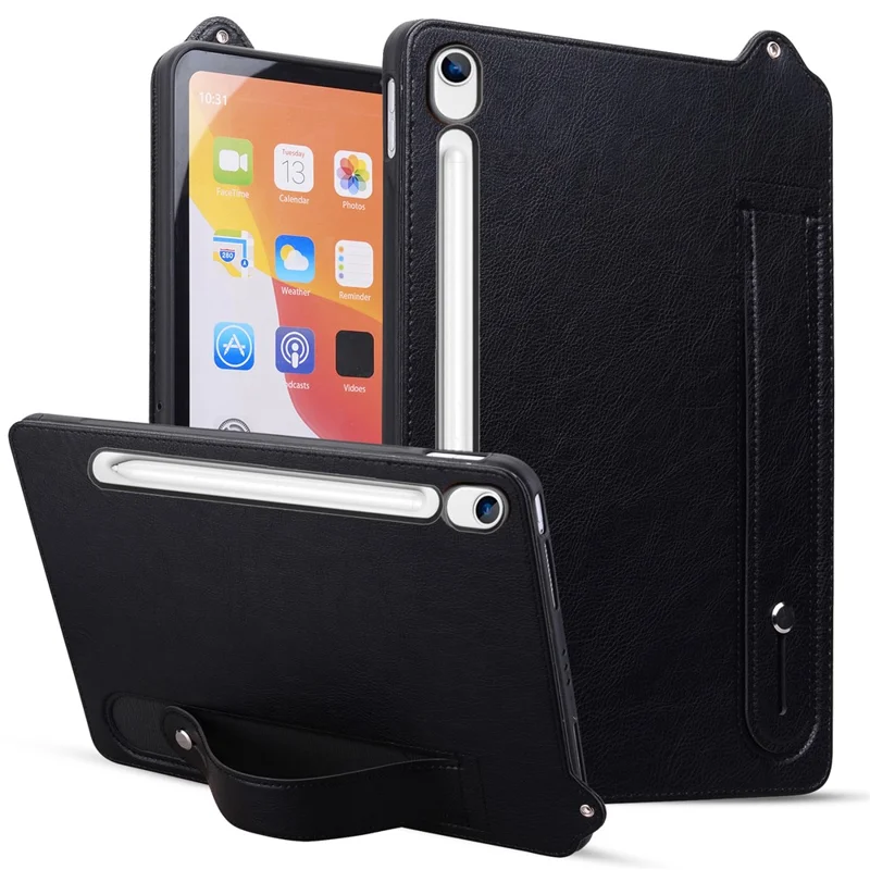 Tablet Case For Samsung Galaxy Tab S10 Lite  /  Tab S10 FE  /  Tab S9 FE Hand Strap Kickstand Leather Tablet Cover - Black