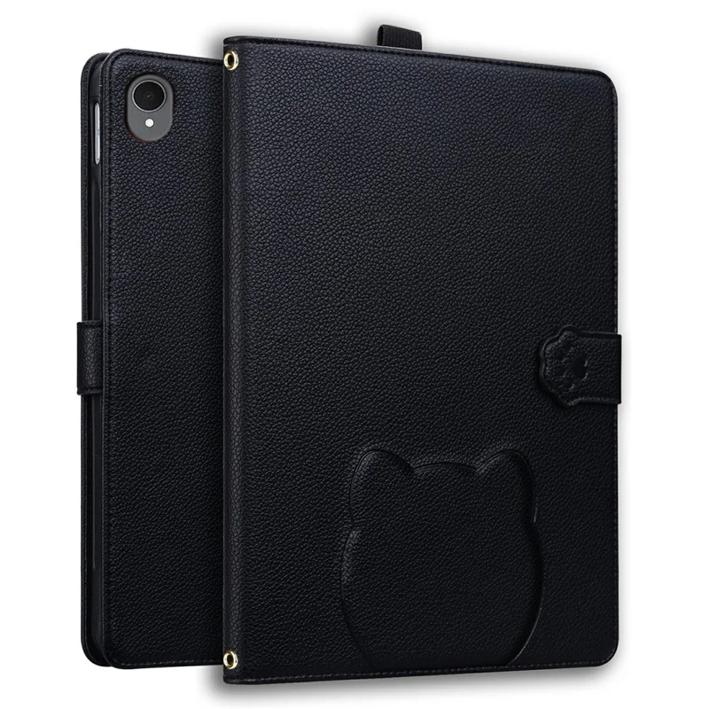 For Samsung Galaxy Tab S11 Wallet Case Leather Stand Table Cover with Stylus Holder, 3D Effect Cat Pattern  - Black