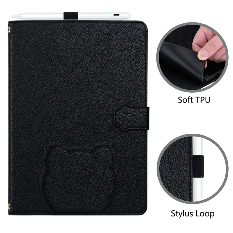 For Samsung Galaxy Tab S11 Wallet Case Leather Stand Table Cover with Stylus Holder, 3D Effect Cat Pattern  - Black