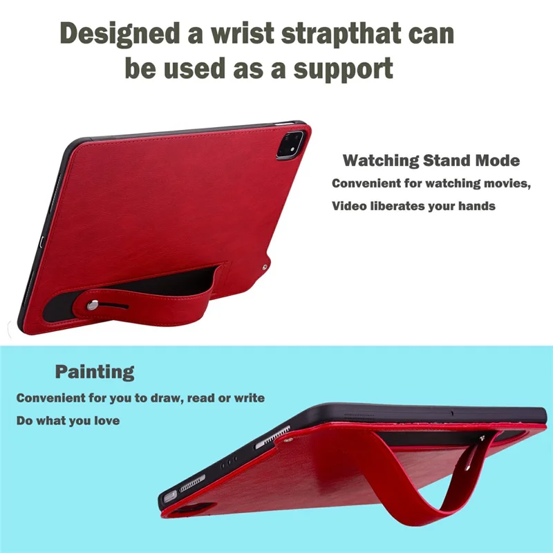 For Samsung Galaxy Tab S11 Case Hand Strap Kickstand Leather Tablet Cover - Red