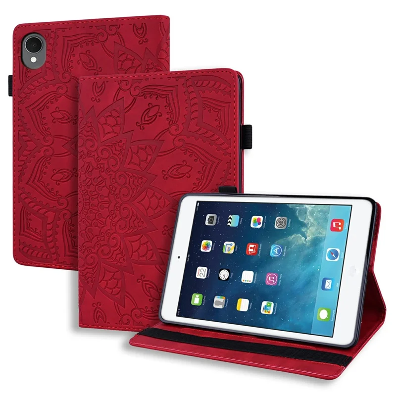 For Samsung Galaxy Tab S11 Tablet Case Card Slots Leather Cover Flower Pattern - Red