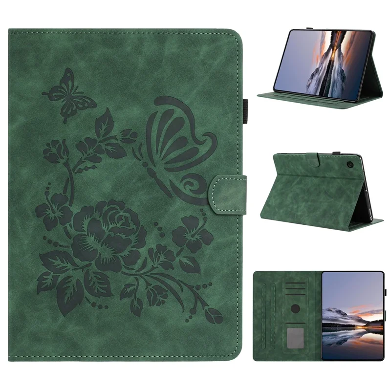 Funda para tableta con soporte y ranuras para tarjetas, diseño elegante con mariposas y flores impresas, para Samsung Galaxy Tab A11 / A9, color verde