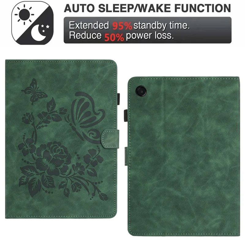 Funda para tableta con soporte y ranuras para tarjetas, diseño elegante con mariposas y flores impresas, para Samsung Galaxy Tab A11 / A9, color verde