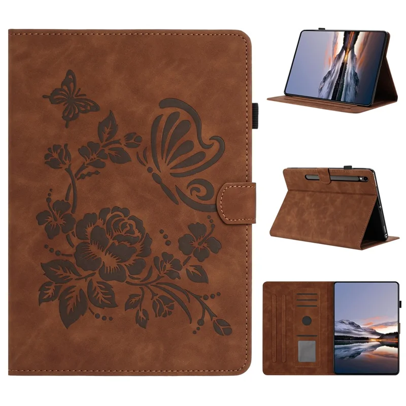 Tablet Case For Samsung Galaxy Tab S10 Lite / S10 FE / S9 FE / S9 Card Holder Stand Butterfly Floral Imprinted Leather Cover - Brown