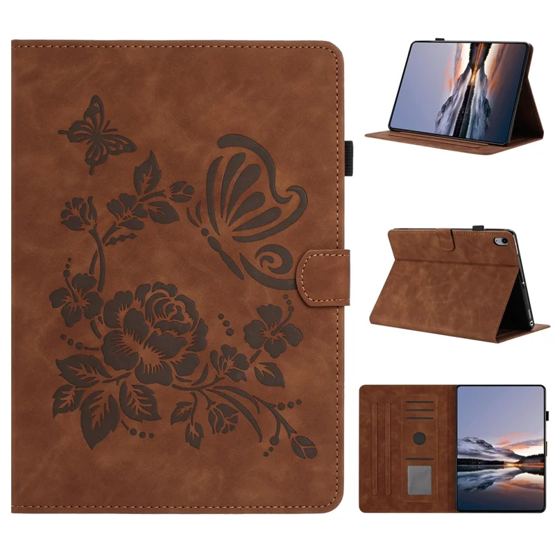 For iPad (2025) / 10.9 (2022) Case Card Holder Stand Butterfly Floral Imprinted Leather Tablet Cover - Brown